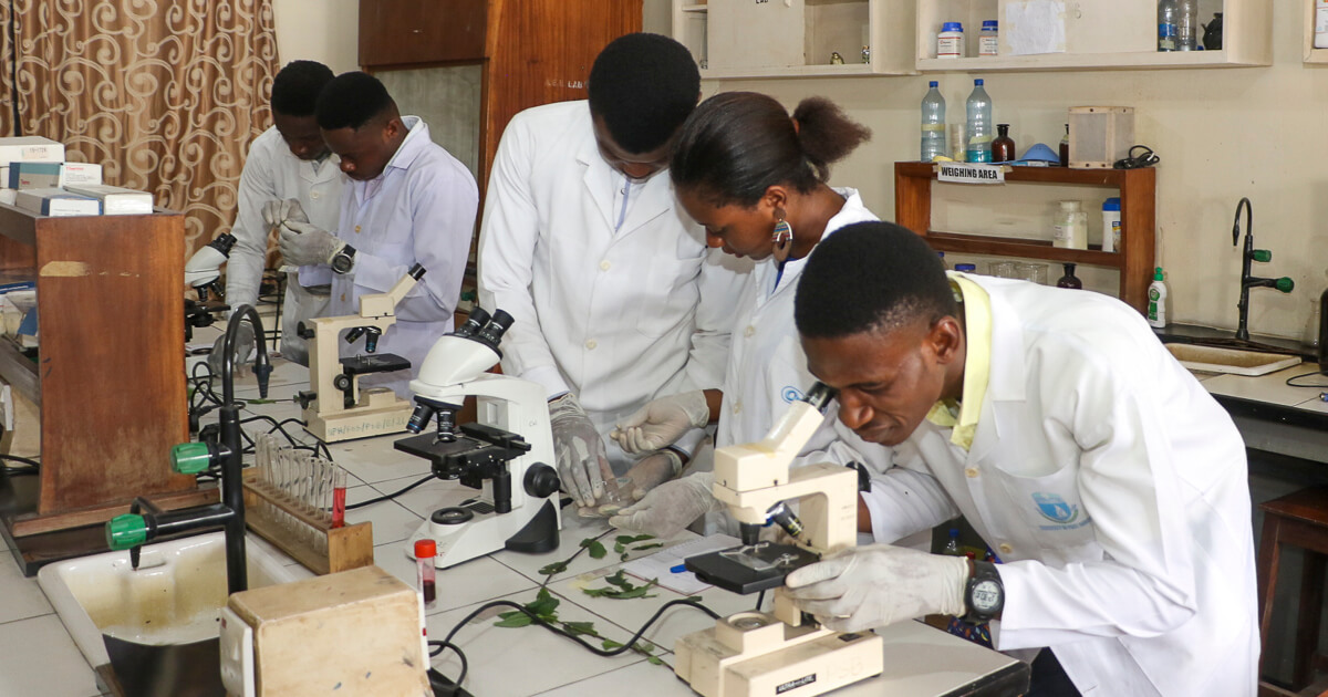 Plant Science and Biotechnology students working with microscopes in the lab